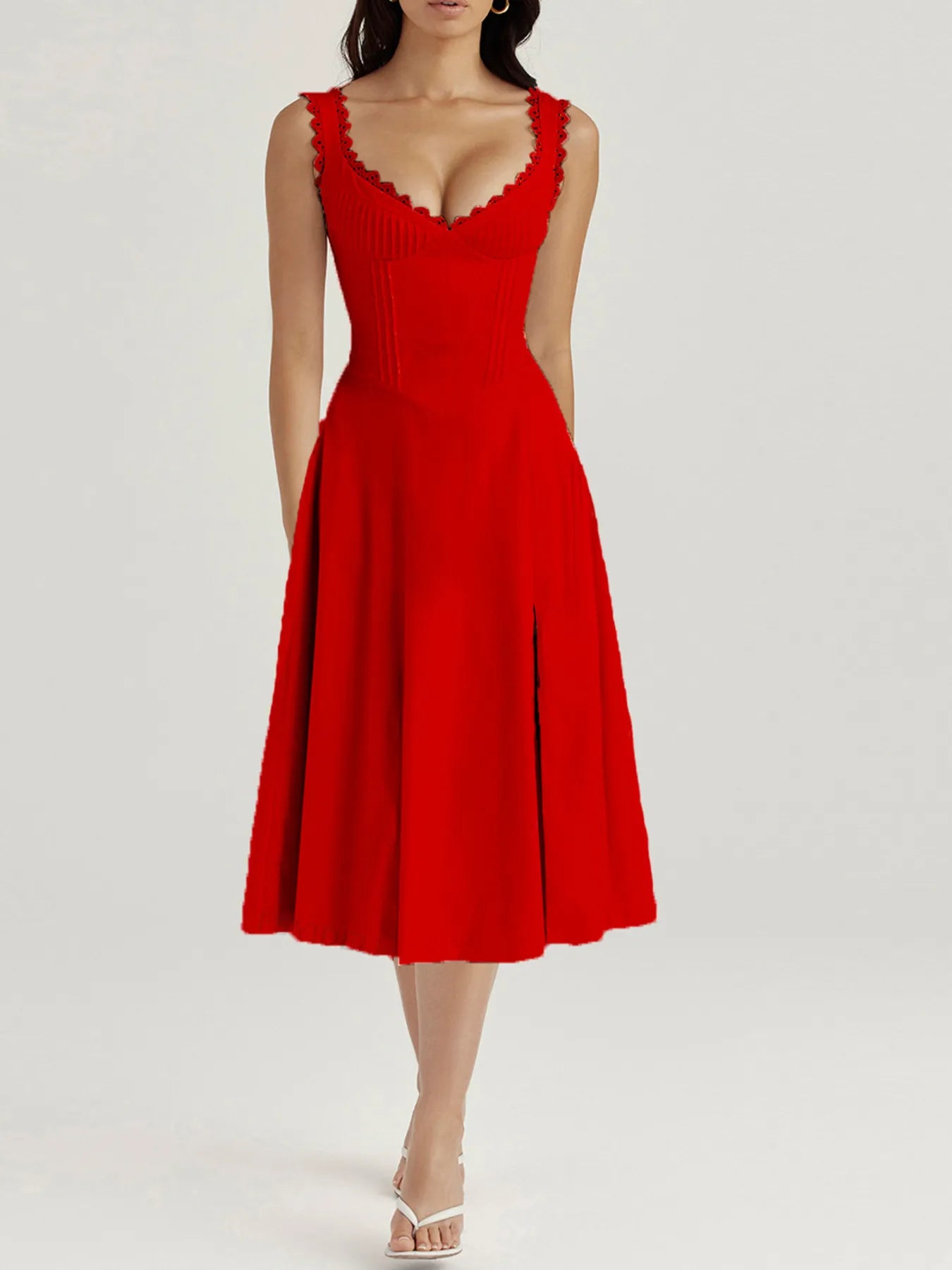 Scalloped V-Neck Midi Dress with Back Lace-Up - Blushé Belle
