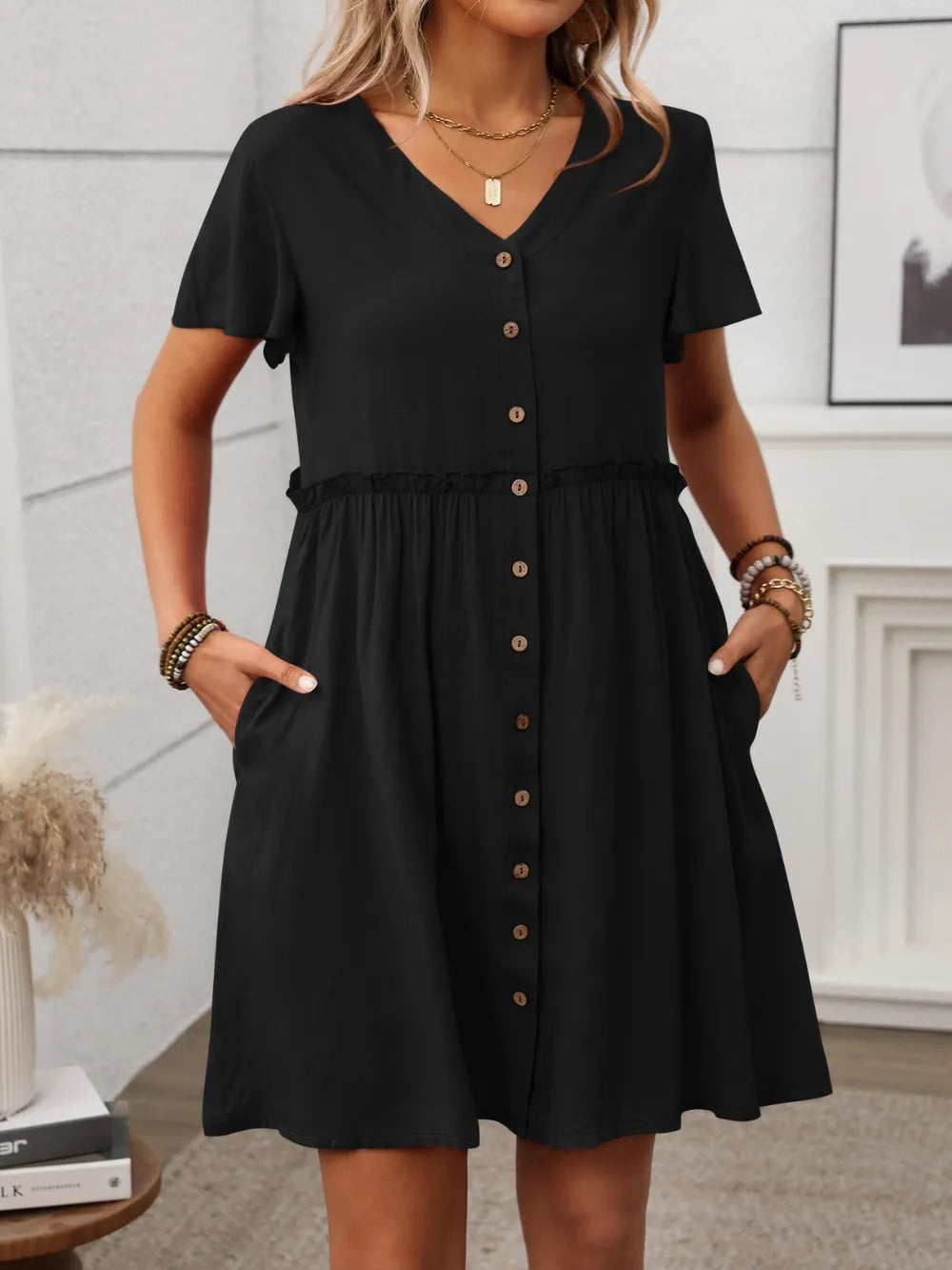 Button Front Flutter Sleeve Dress - Blushé Belle