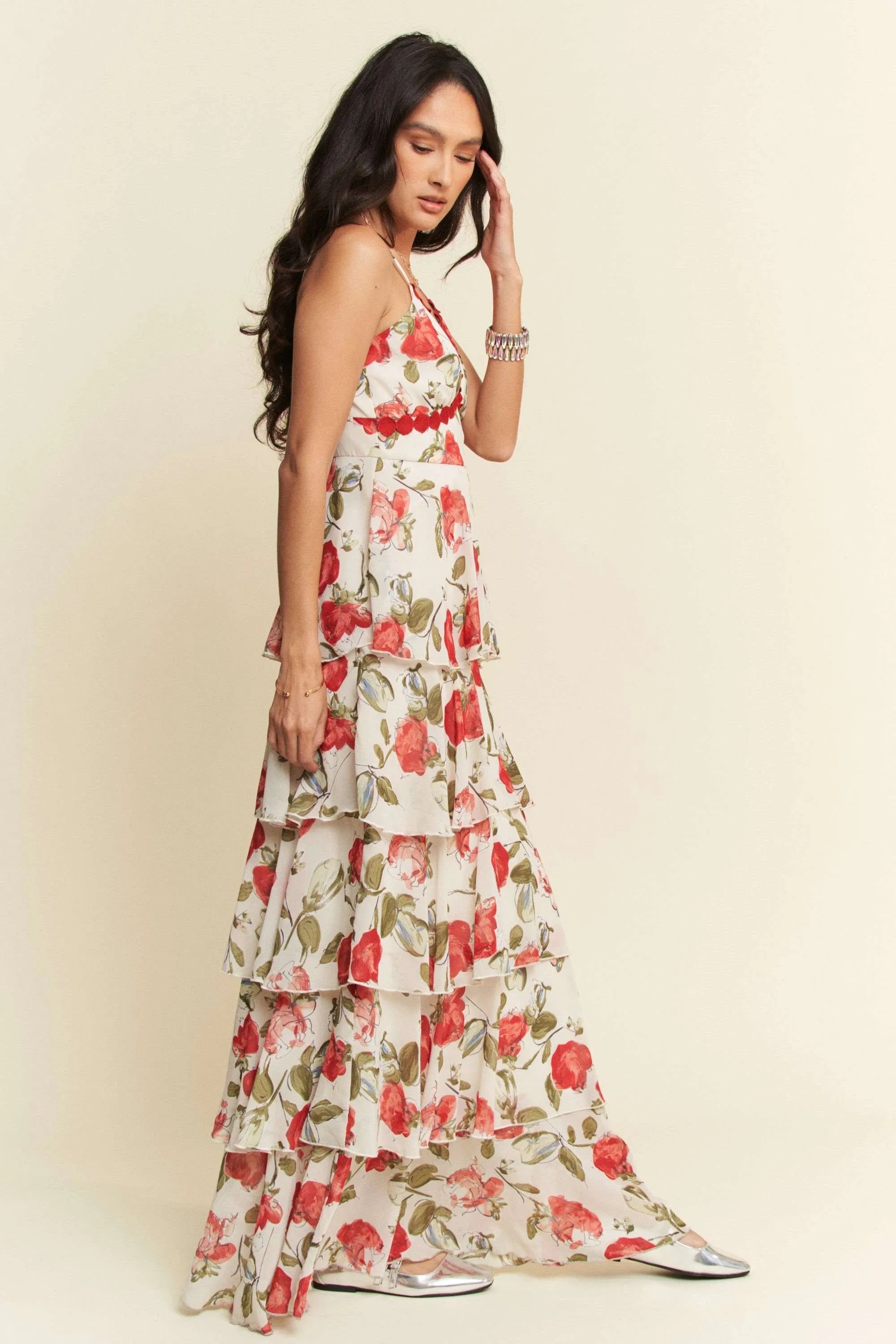 Davi & Dani Contrast Ring Lace Layered Ruffle Maxi Cami Dress - Blushé Belle