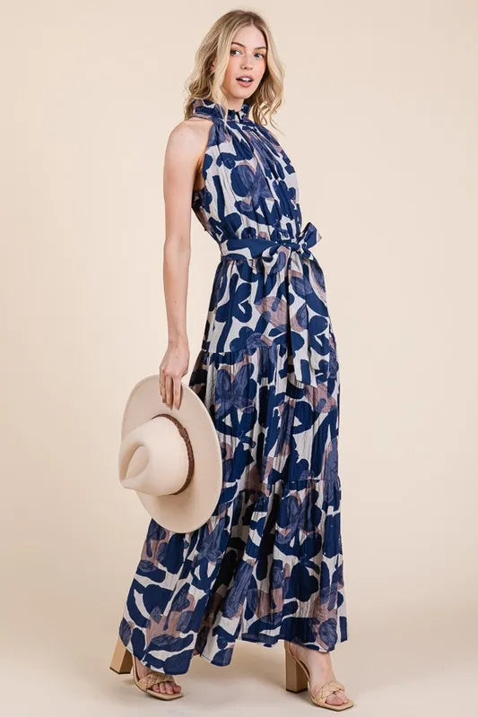 Lime 'N' Chili Abstract Halter Neck Tie-Waist Tiered Maxi Dress - Blushé Belle