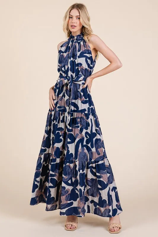Lime 'N' Chili Abstract Halter Neck Tie-Waist Tiered Maxi Dress - Blushé Belle