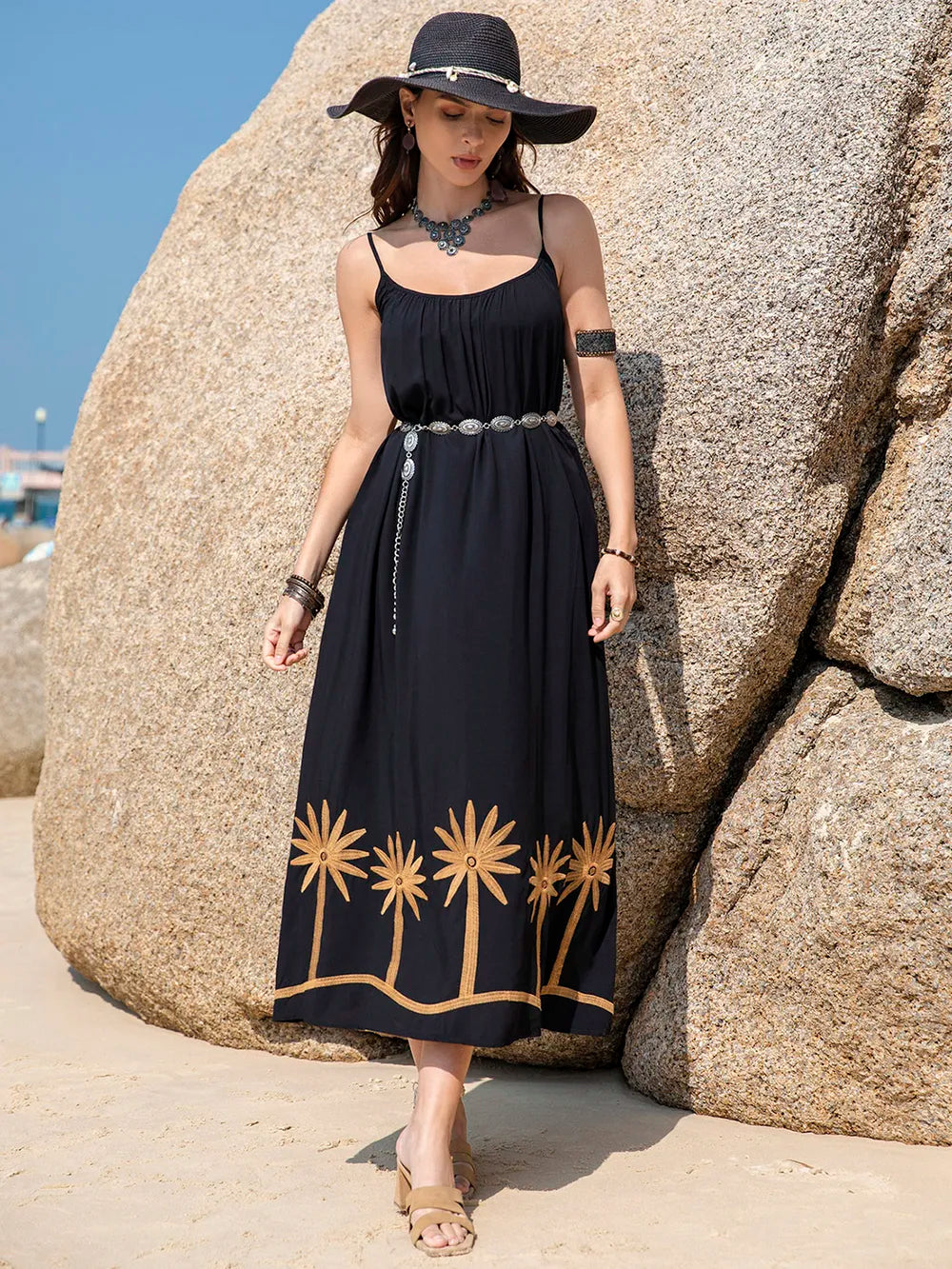 Embroidered Scoop Neck Midi Cami Dress - Blushé Belle