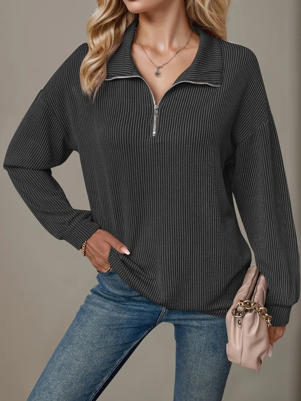 Double Take Striped Half Zip Long Sleeve T-Shirt - Blushé Belle