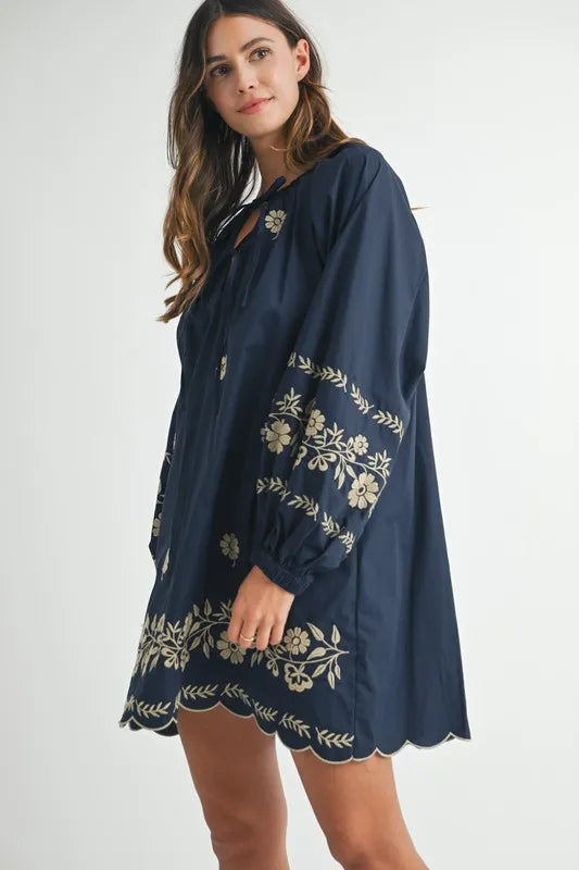 MABLE Embroidered Long Sleeve Peasant Mini Dress - Blushé Belle