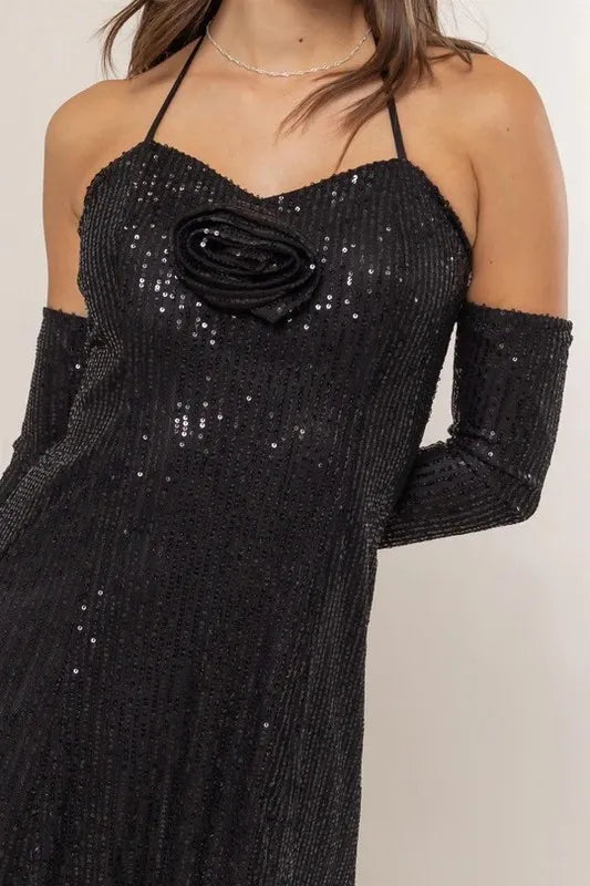 HYFVE Sequin Rosette Halter Mini Dress - Blushé Belle