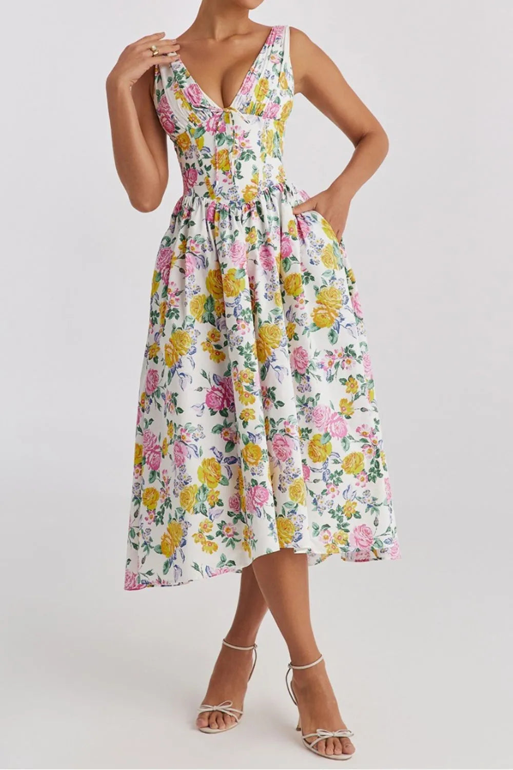 Floral V-Neck Sleeveless Midi Dress with Pockets - Blushé Belle