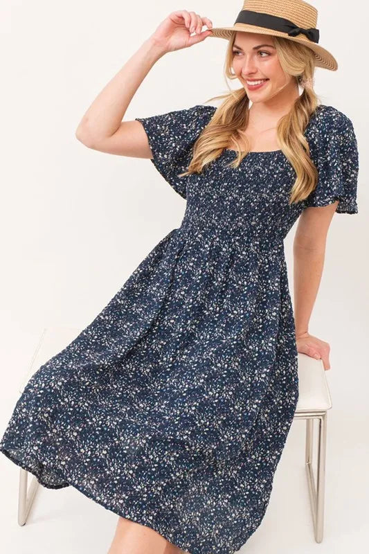 Lime 'N' Chili Smocked Floral Print Flutter Sleeve Midi Dress - Blushé Belle