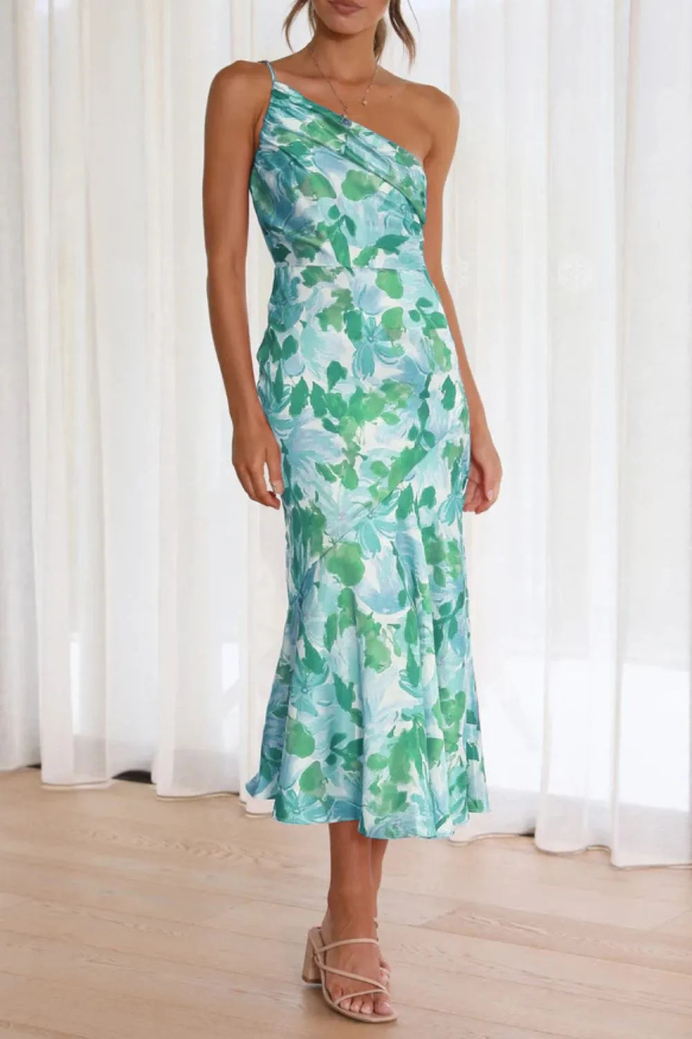 Ruched Printed Single Shoulder Midi Dress - Blushé Belle