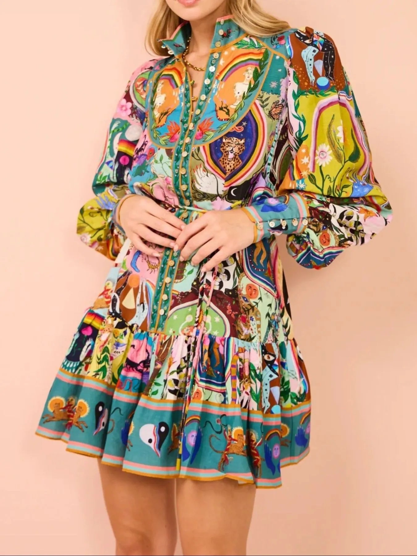 Printed Long Sleeve Mini Dress with Belt - Blushé Belle