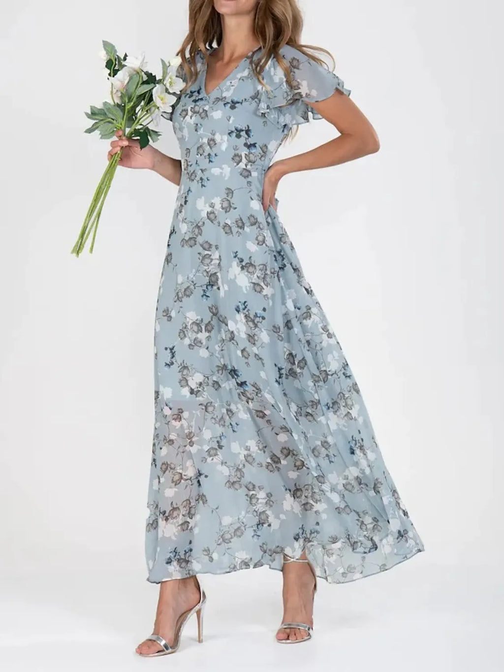 Floral V-Neck Flutter Sleeve Maxi Dress - Blushé Belle