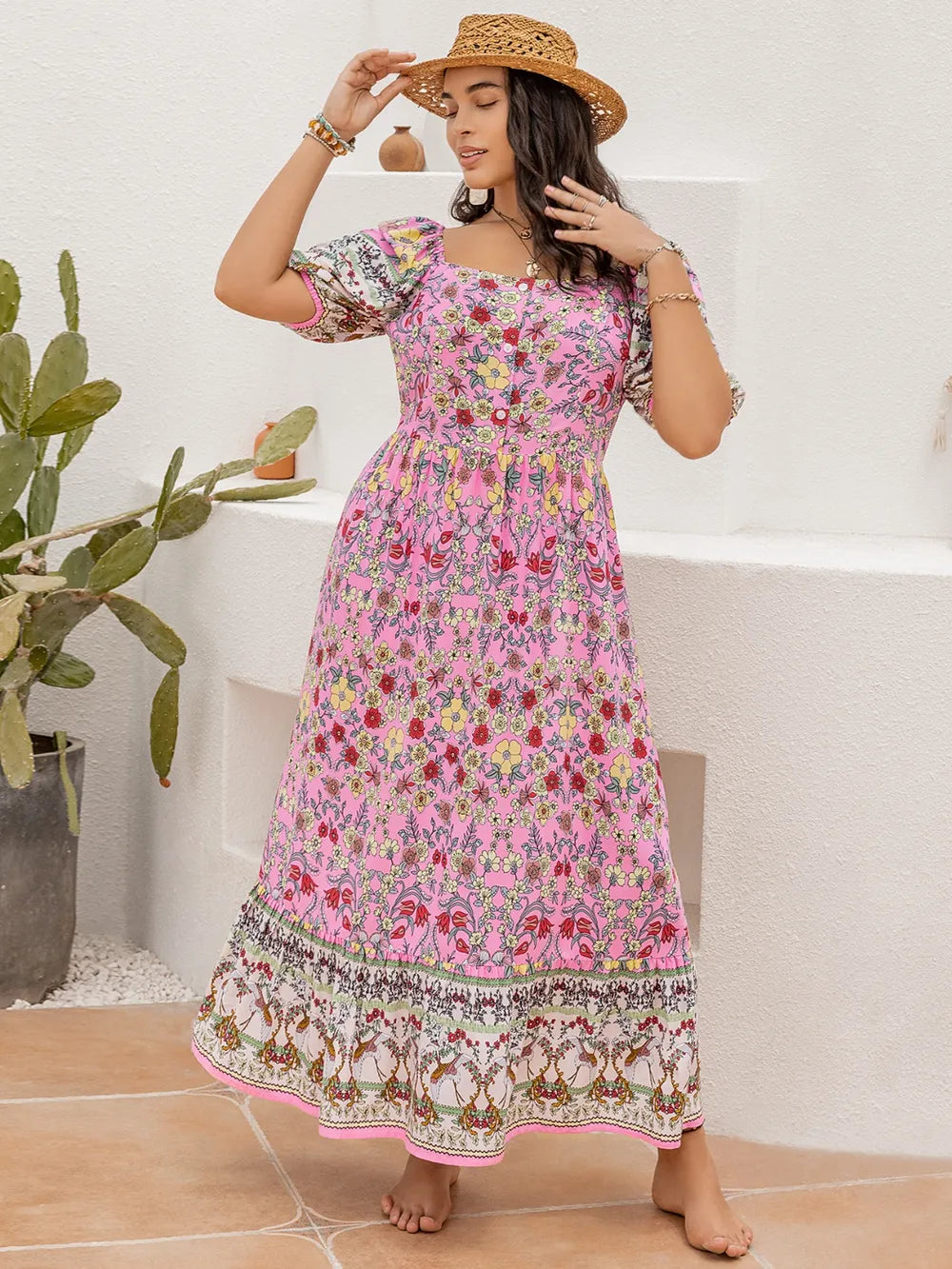 Plus Size Printed Square Neck Ruffle Hem Dress - Blushé Belle