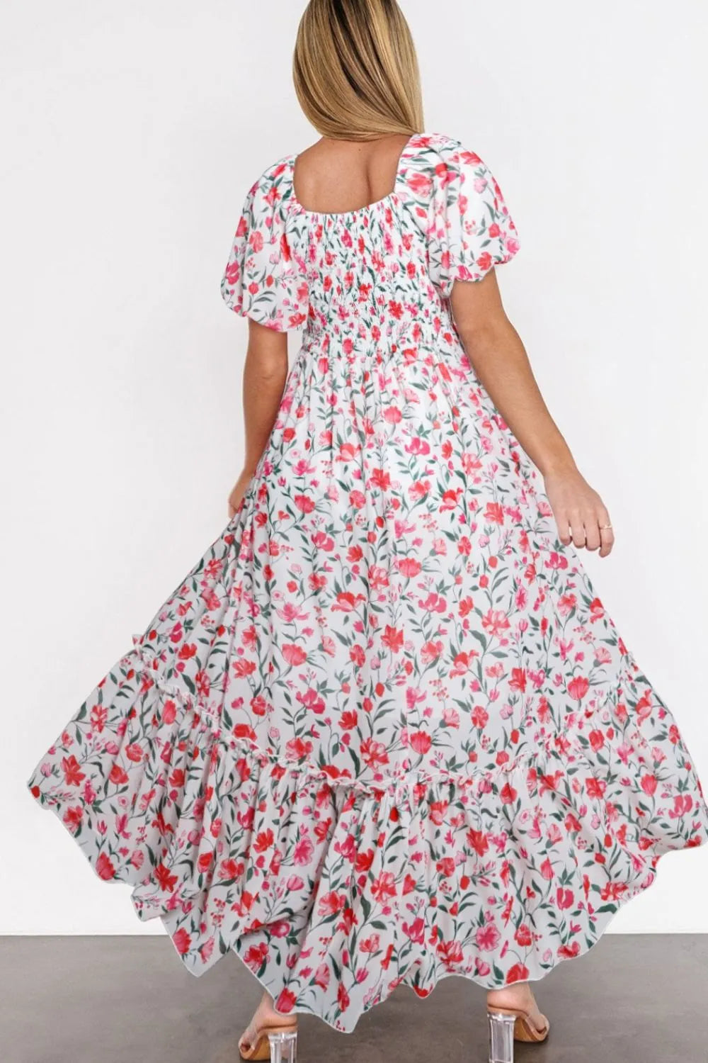 Floral Short Puff Sleeve Tiered Dress - Blushé Belle