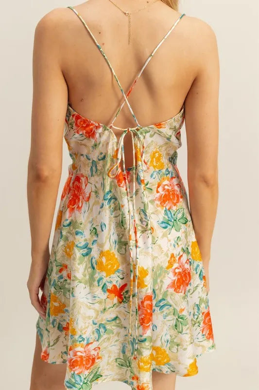 HYFVE Floral Cowl Neck Flirty Satin Mini Dress - Blushé Belle