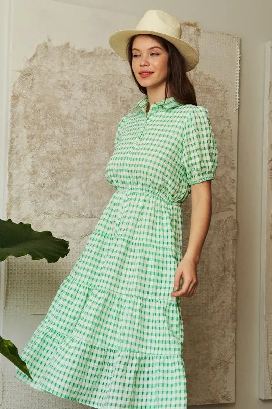 Davi & Dani Checkered Puff Sleeve Tiered Shirt Dress - Blushé Belle