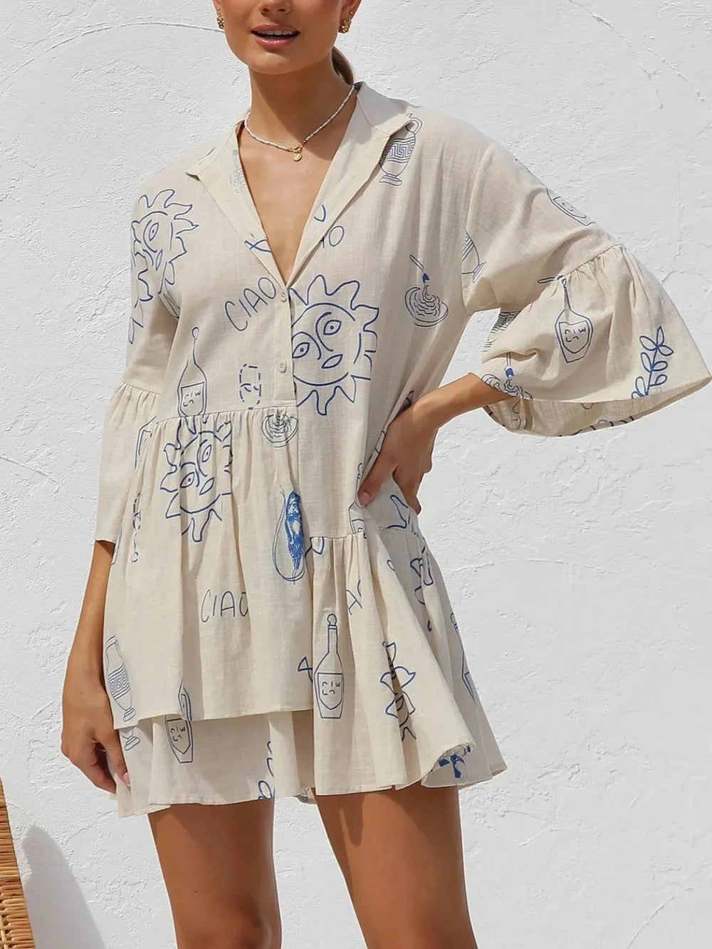 Button Detail Printed Mini Dress - Blushé Belle