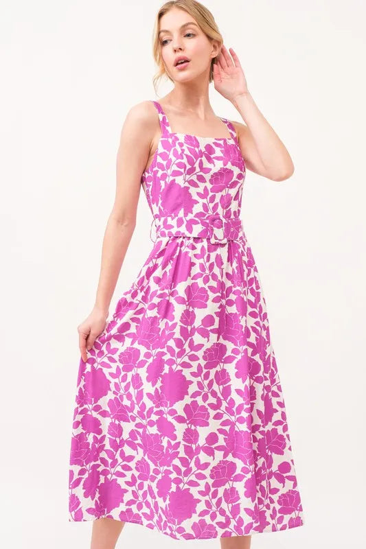 And The Why Square Neck Belted Floral Printed Midi Dress - Blushé Belle