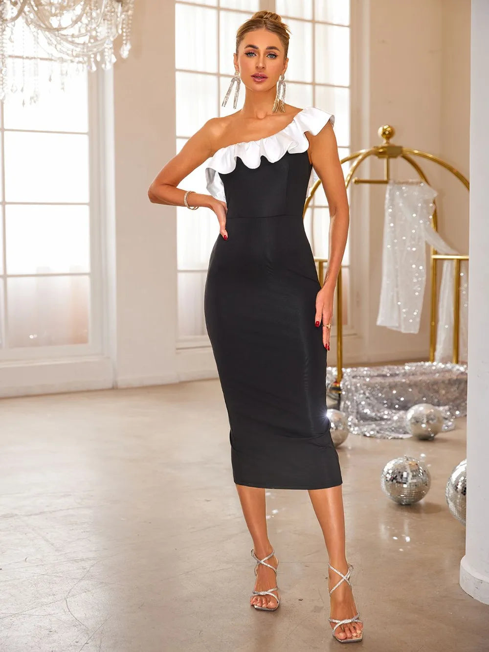 Slit Contrast Single Shoulder Midi Dress - Blushé Belle