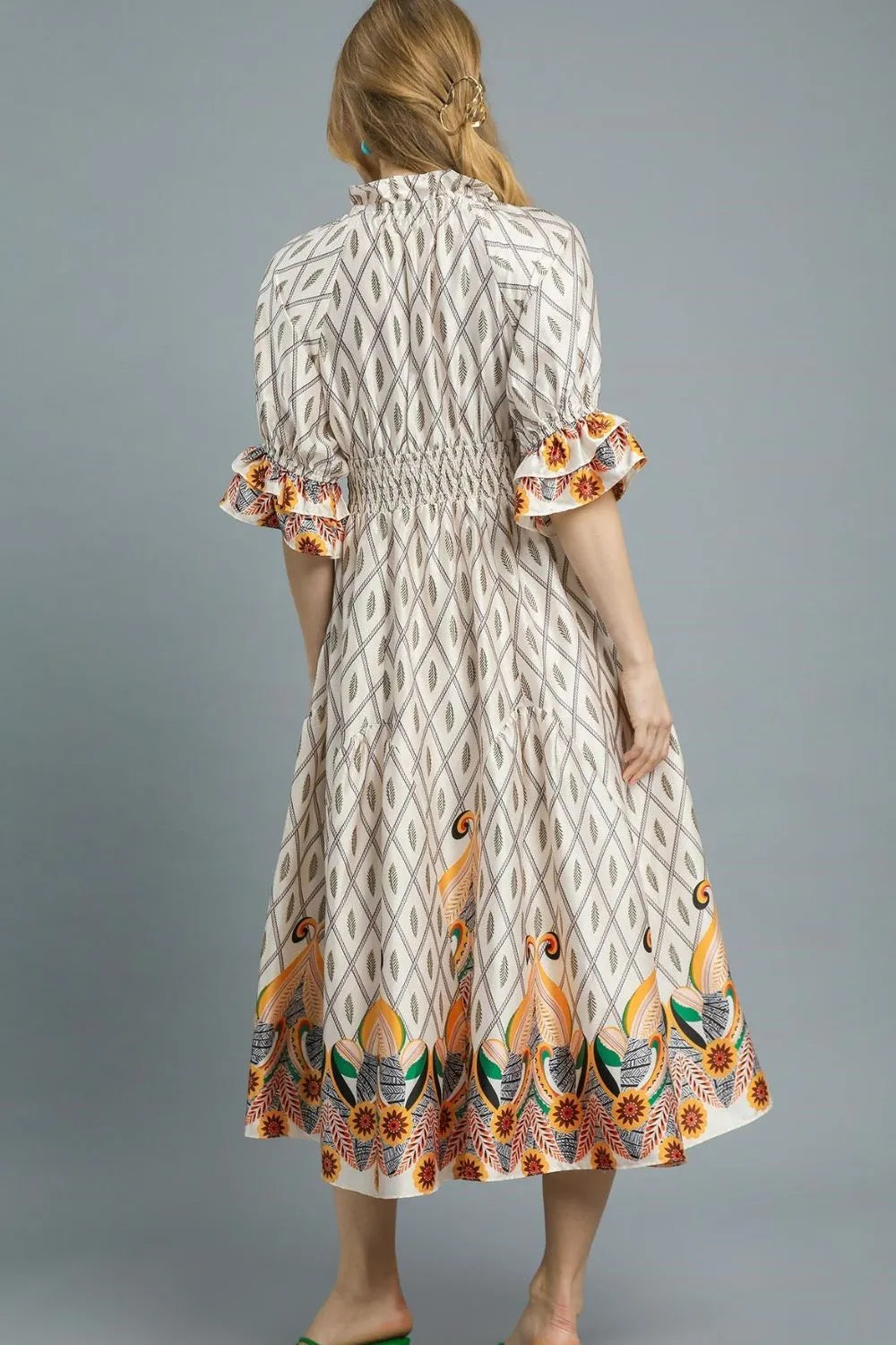Umgee Printed Smocked Waist Flounce Sleeve Midi Dress - Blushé Belle