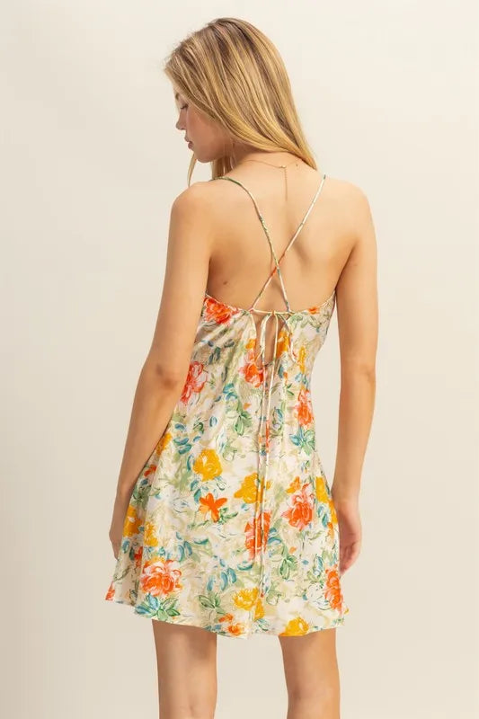 HYFVE Floral Cowl Neck Flirty Satin Mini Dress - Blushé Belle