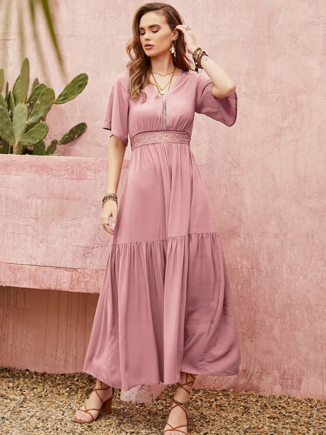 Lace Detail V-Neck Short Sleeve Dress - Blushé Belle