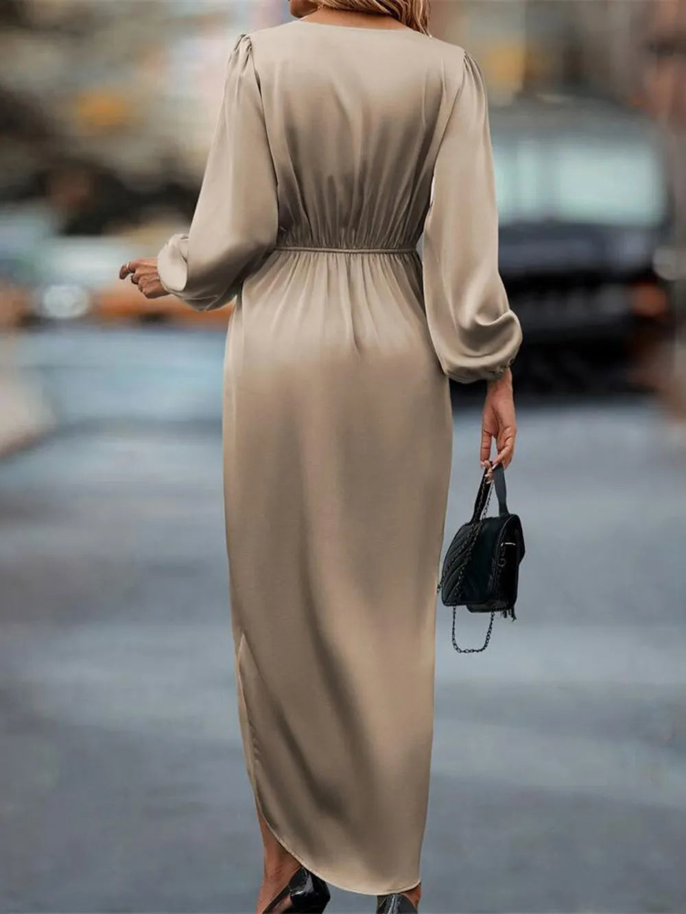 High-Low Surplice Balloon Sleeve Midi Dress - Blushé Belle