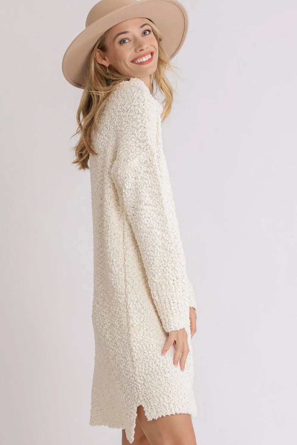 Umgee Full Size High Low Long Sleeve Boucle Sweater Dress Plus Size - Blushé Belle