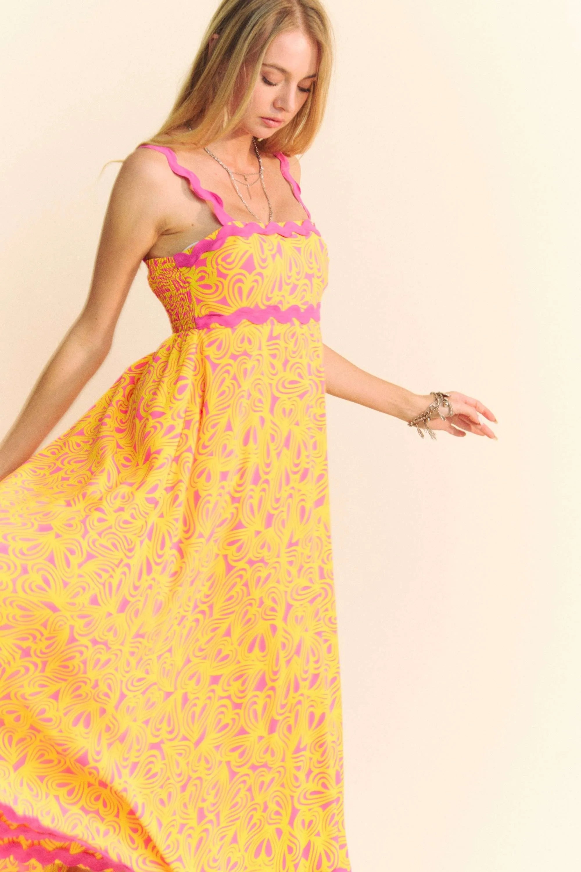Davi & Dani Geo 2 Tone Printed Wavi Trim Tiered Maxi Dress - Blushé Belle