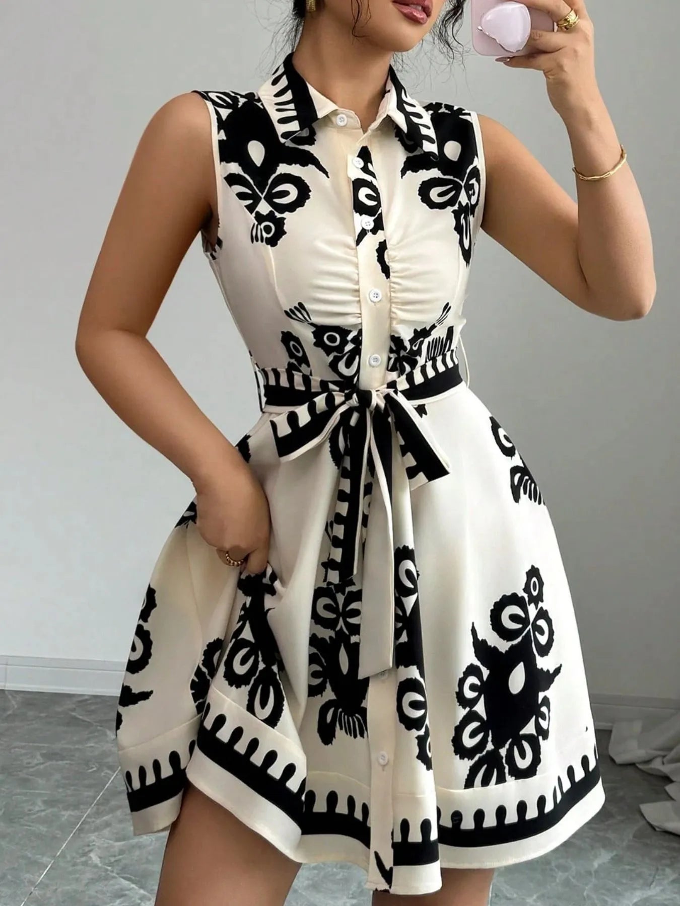Printed Sleeveless Tie Waist Mini Dress - Blushé Belle