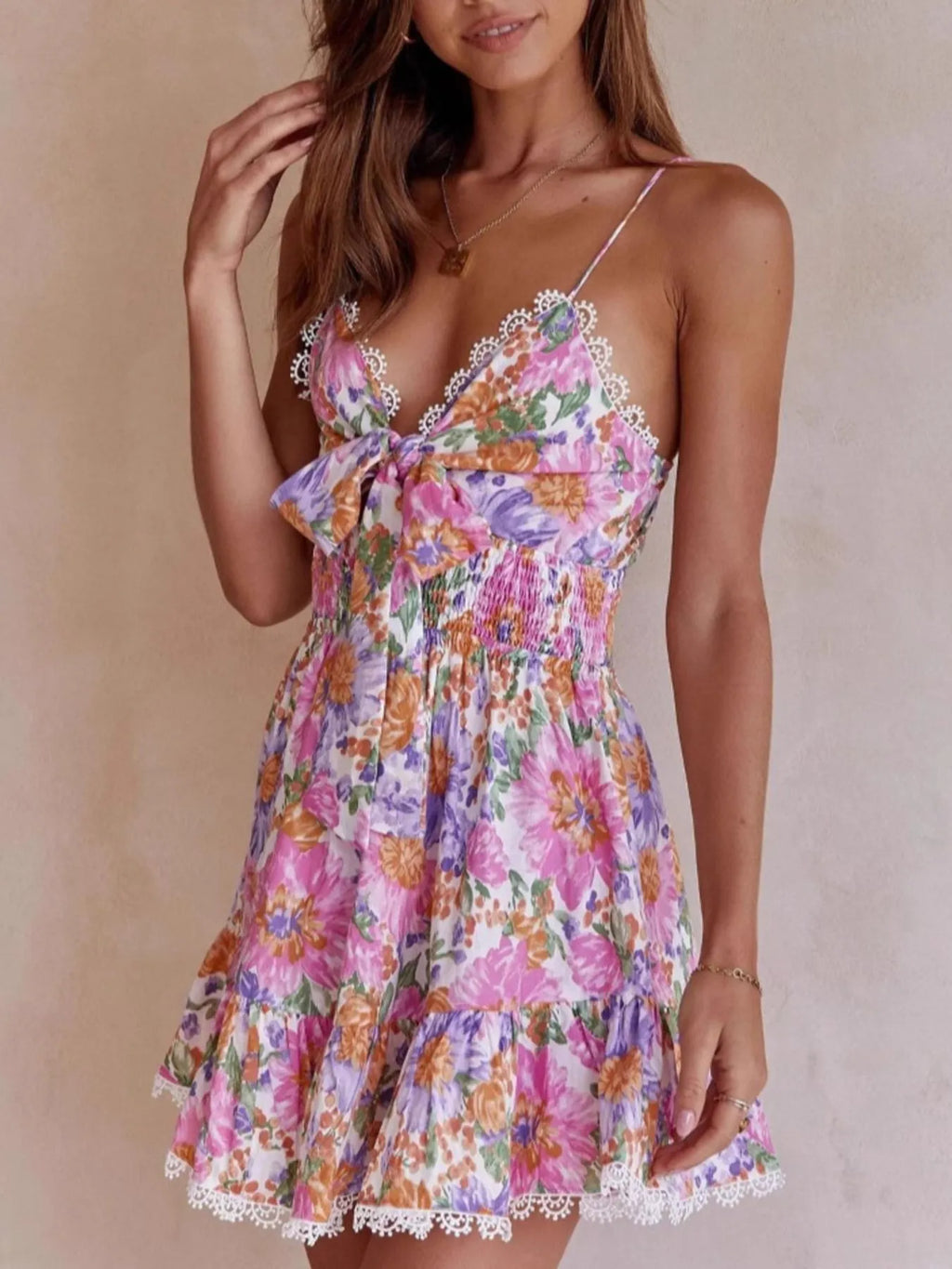 Floral Print Tie-Front Cami Dress with Lace Trim - Blushé Belle
