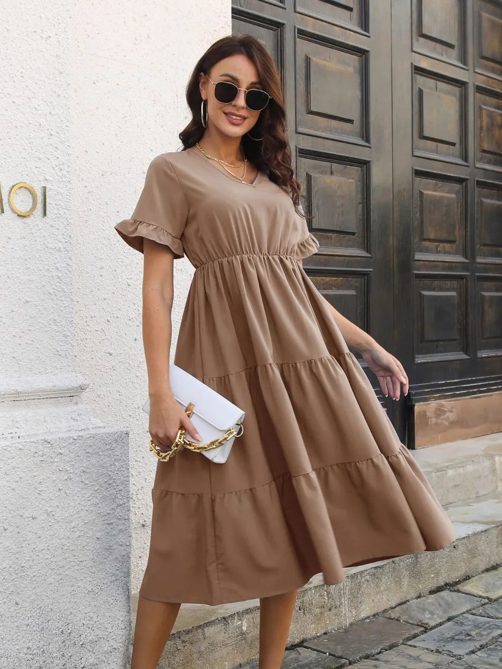 V-Neck Short Sleeve Midi Dress - Blushé Belle