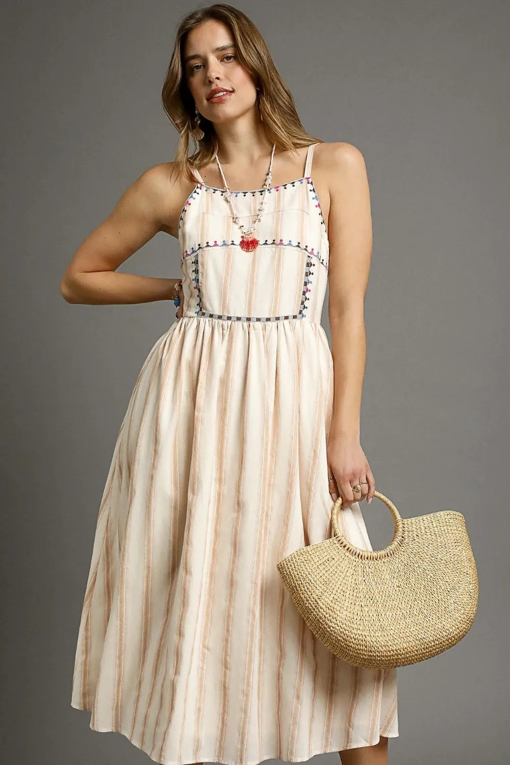 Umgee Striped Colorful Embroidered Trim Cami Dress - Blushé Belle