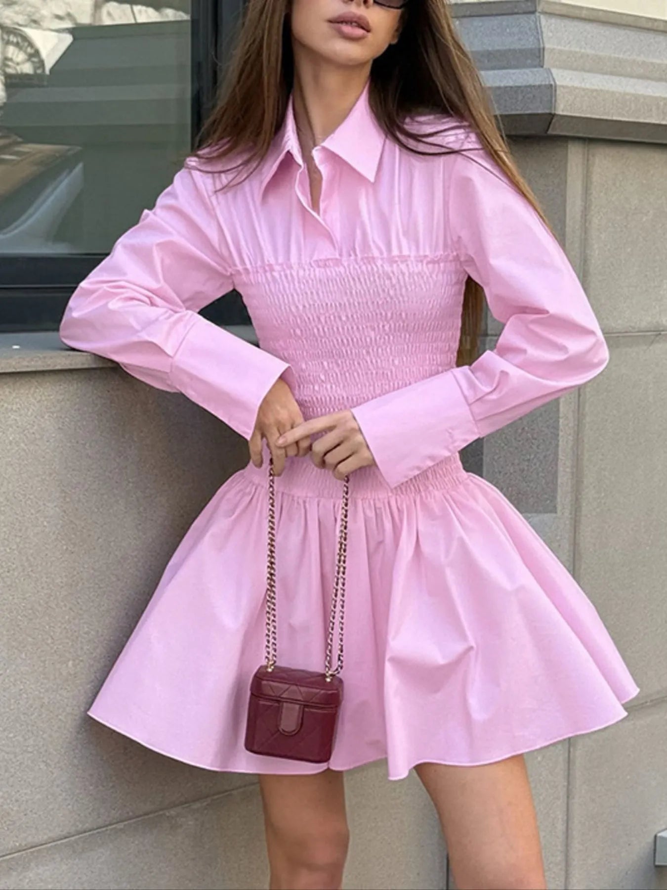 Smocked Long Sleeve Shirt Dress - Blushé Belle
