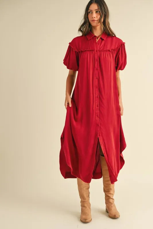 Annie Wear Mineral Washed Button Down Puff Sleeve Shirt Dress - Blushé Belle