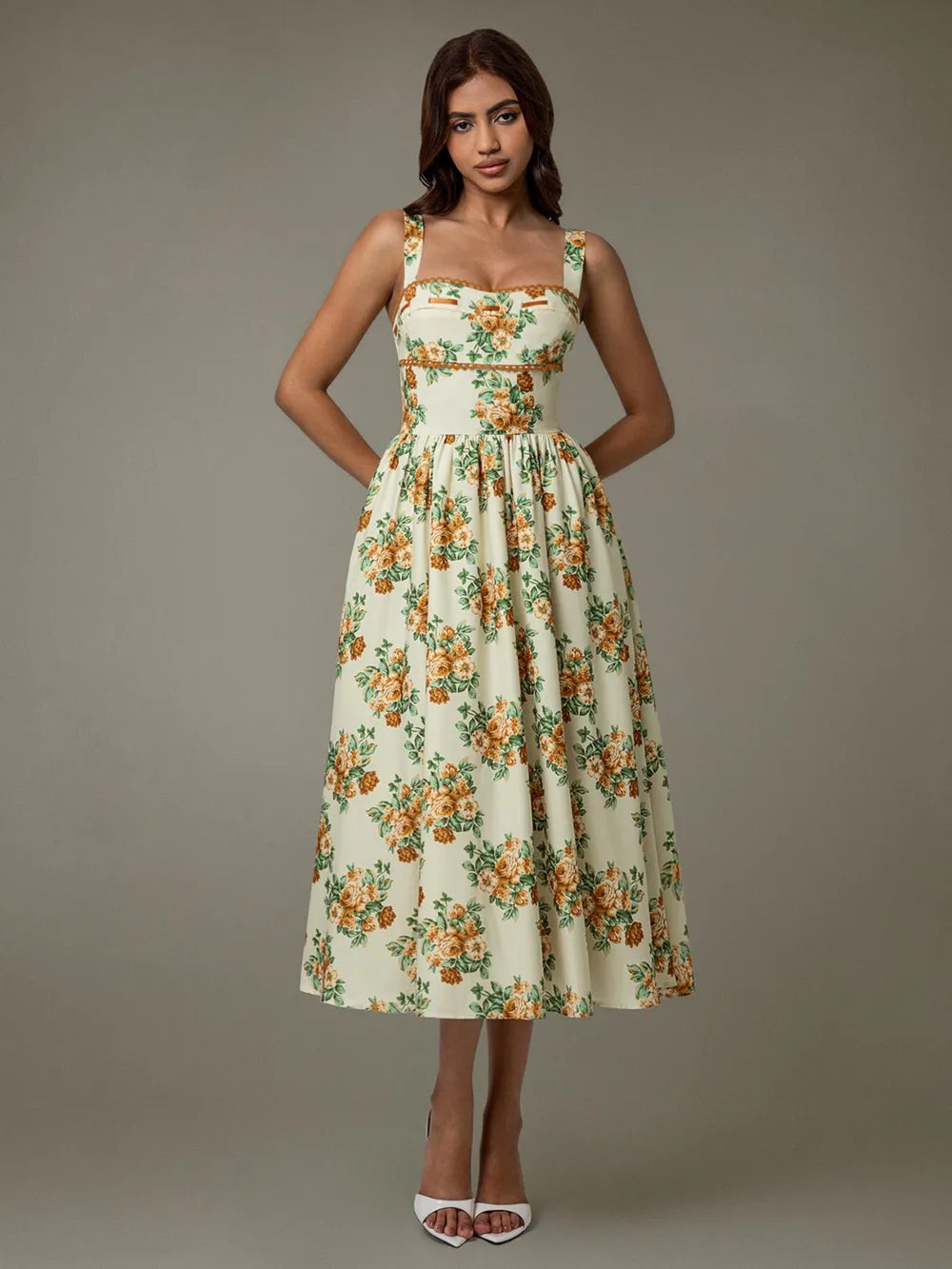 Lace Trim Floral Sleeveless Midi Dress - Blushé Belle