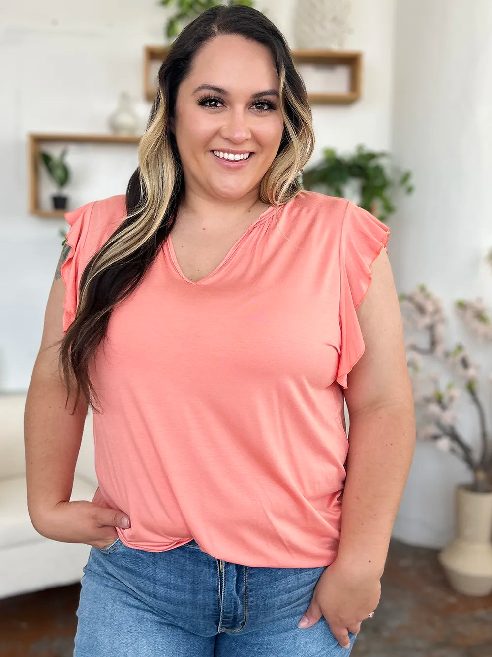 Basic Bae Full Size Bamboo Notched Ruffled Short Sleeve T-Shirt - Blushé Belle