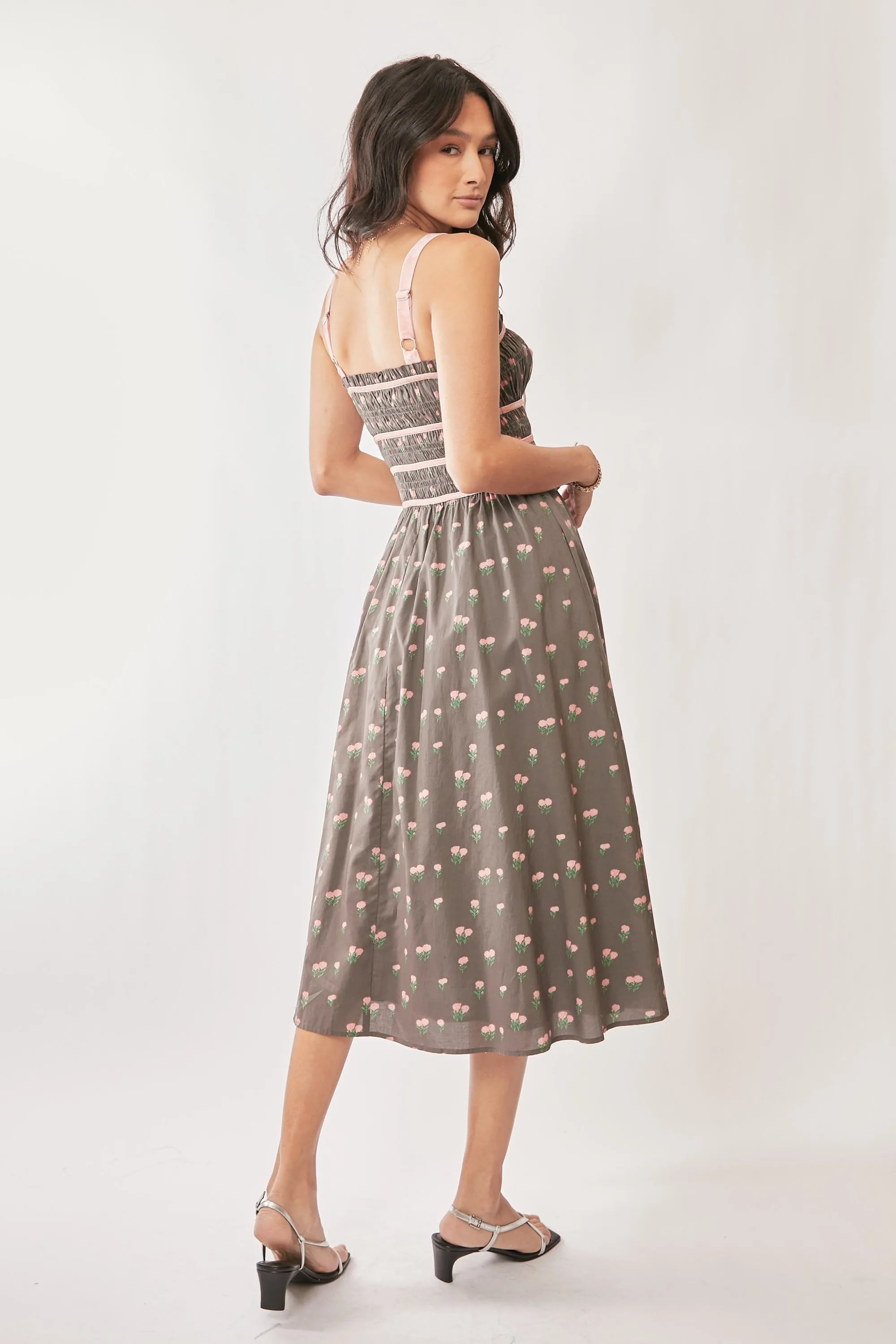 Davi & Dani Contrast Velvet Tape Smocking Bodice Midi Dress - Blushé Belle
