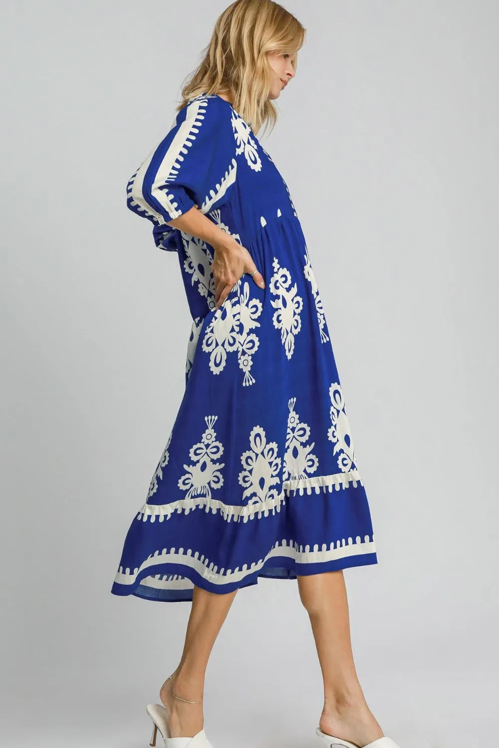 Umgee Printed Notched Midi Dress - Blushé Belle