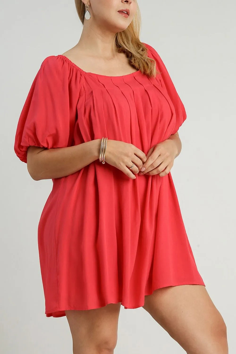 Umgee Full Size Squared Neck Puff Sleeve Mini Dress Plus Size - Blushé Belle