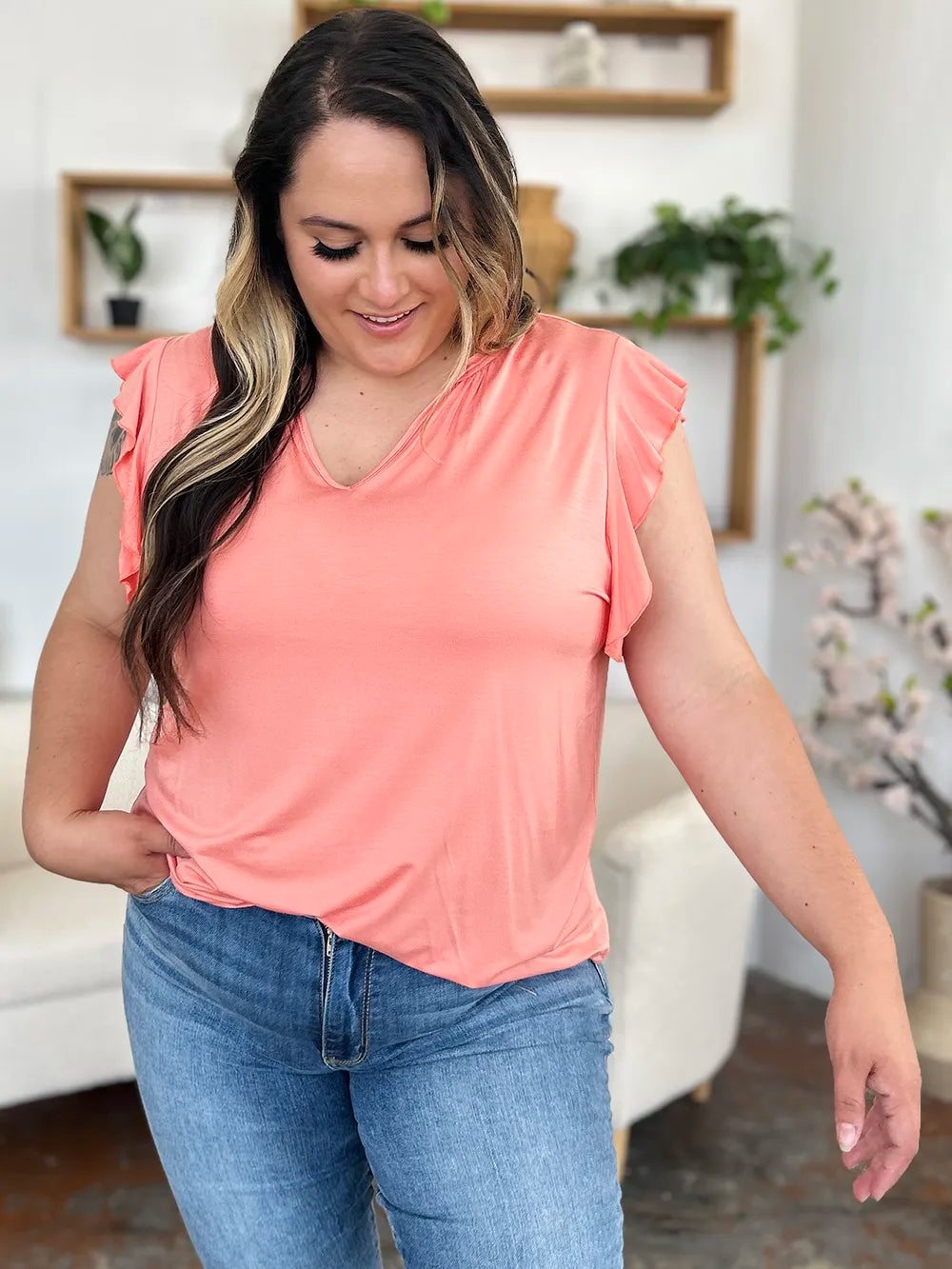 Basic Bae Full Size Bamboo Notched Ruffled Short Sleeve T-Shirt - Blushé Belle