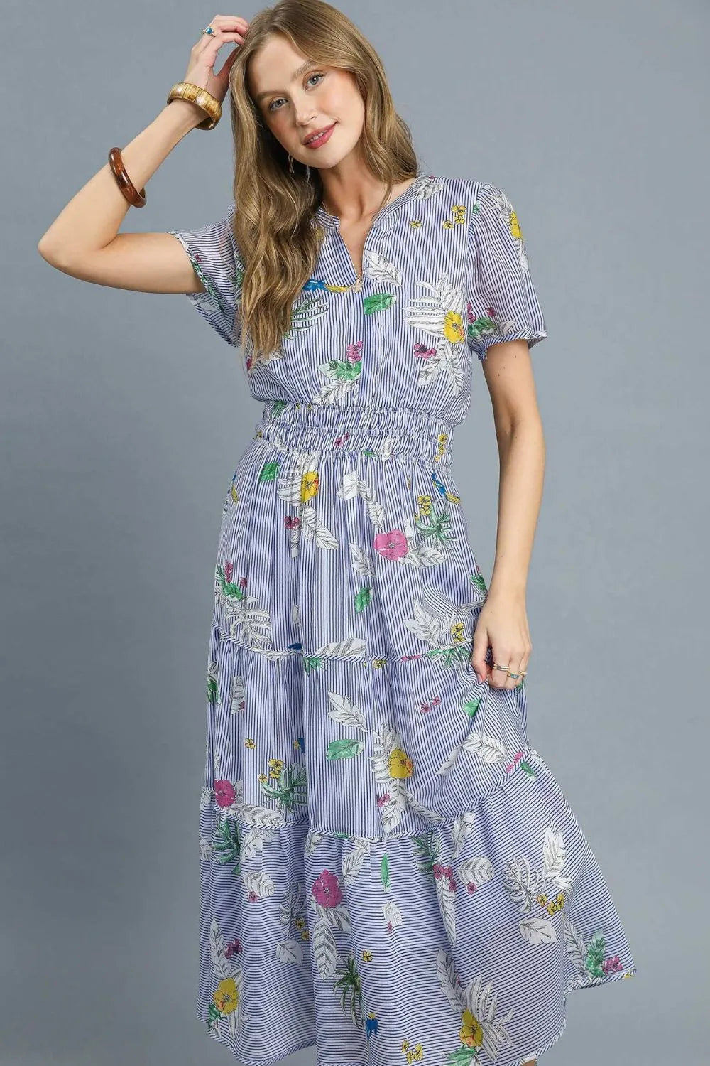 Umgee Smocked Waist Floral Short Sleeve Midi Dress - Blushé Belle