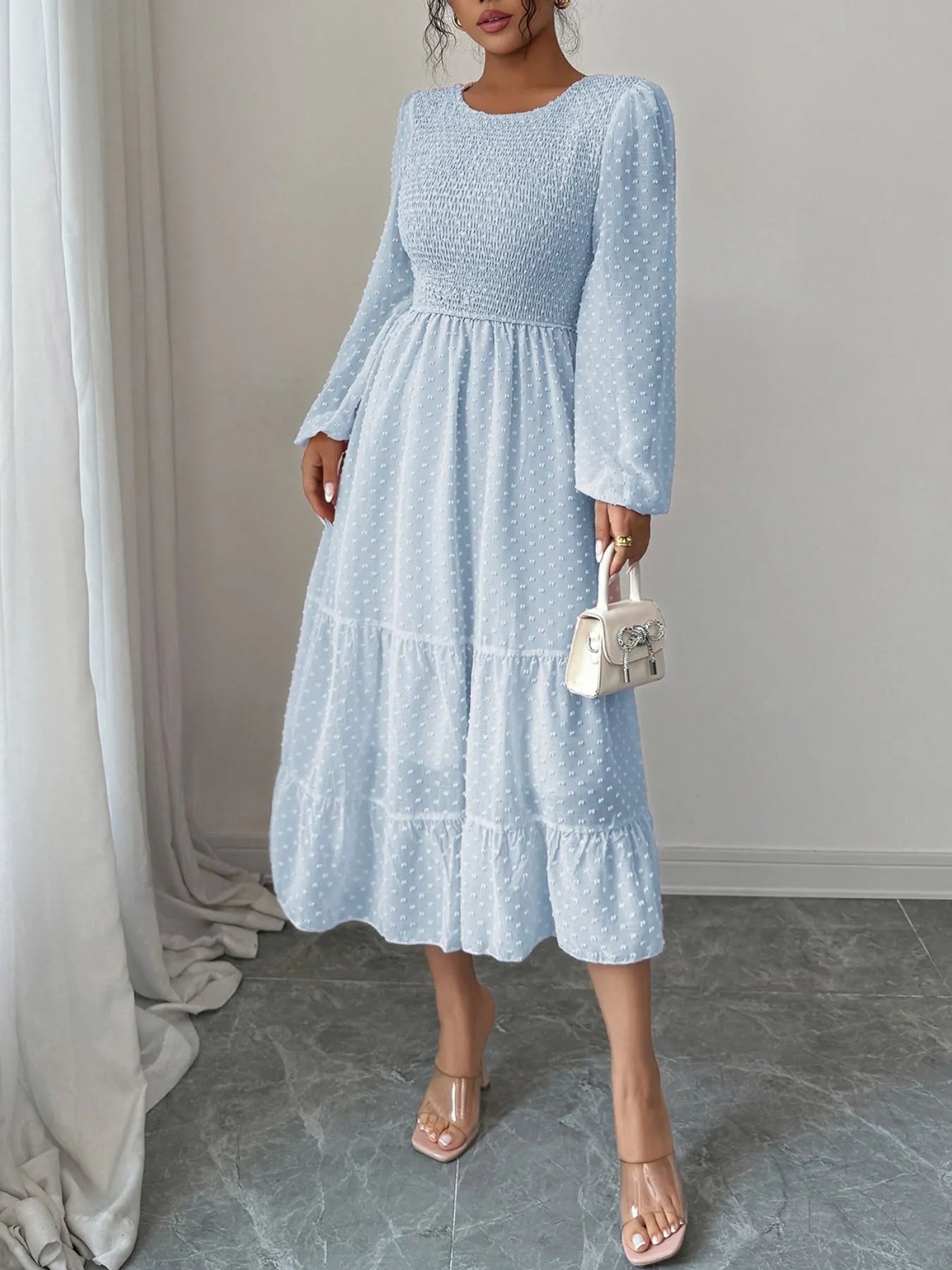 Polka Dot Long Sleeve Tiered Midi Dress - Blushé Belle