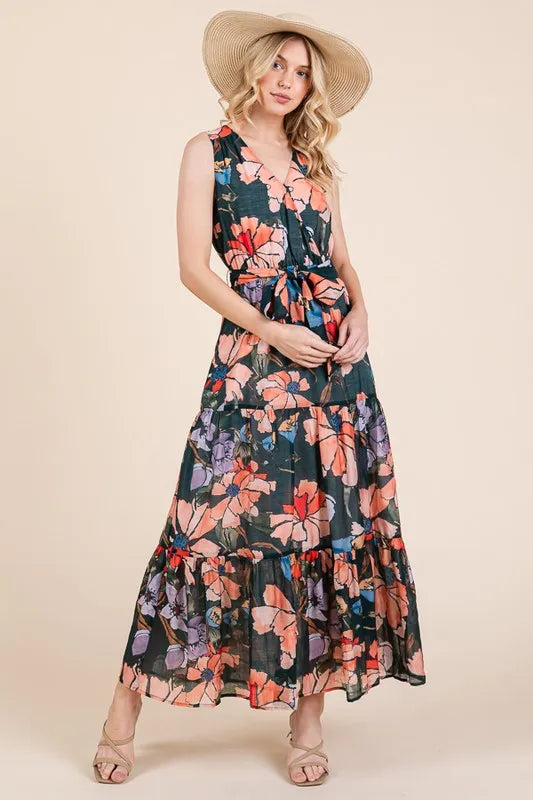 Lime 'N' Chili Floral Print Sleeveless Tie Waist Maxi Dress - Blushé Belle