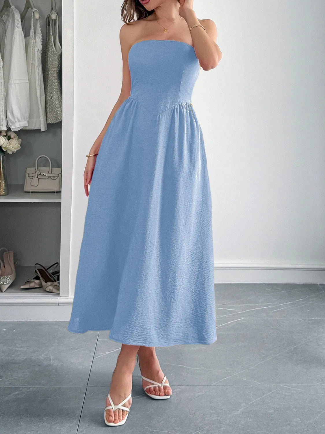 Strapless A-Line Midi Dress with Pockets - Blushé Belle