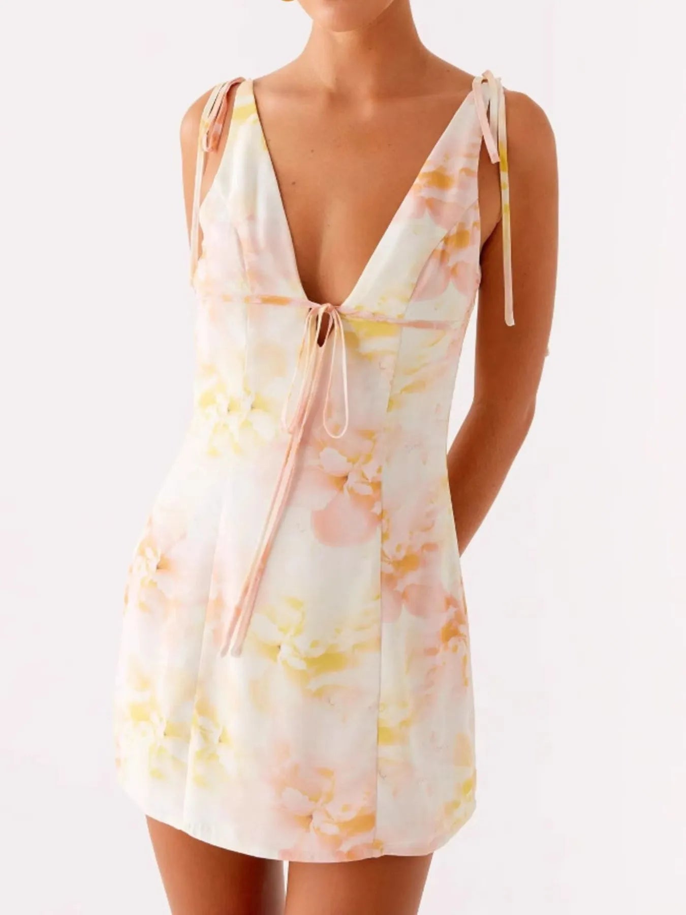 Printed Deep V-Neck Tie Shoulder Mini Dress - Blushé Belle