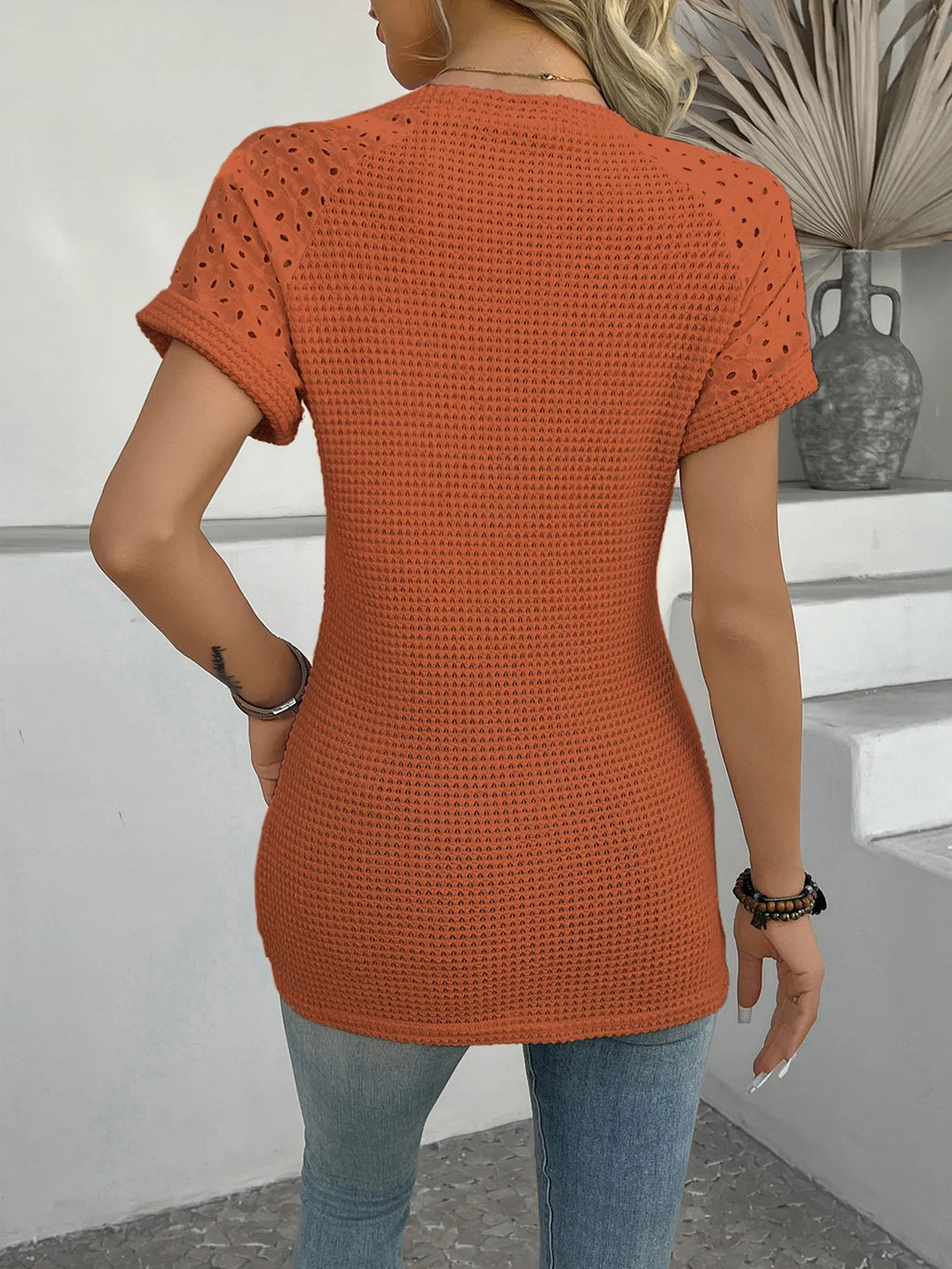 Hollow Out Waffle Knit Short Sleeve T-Shirt - Blushé Belle