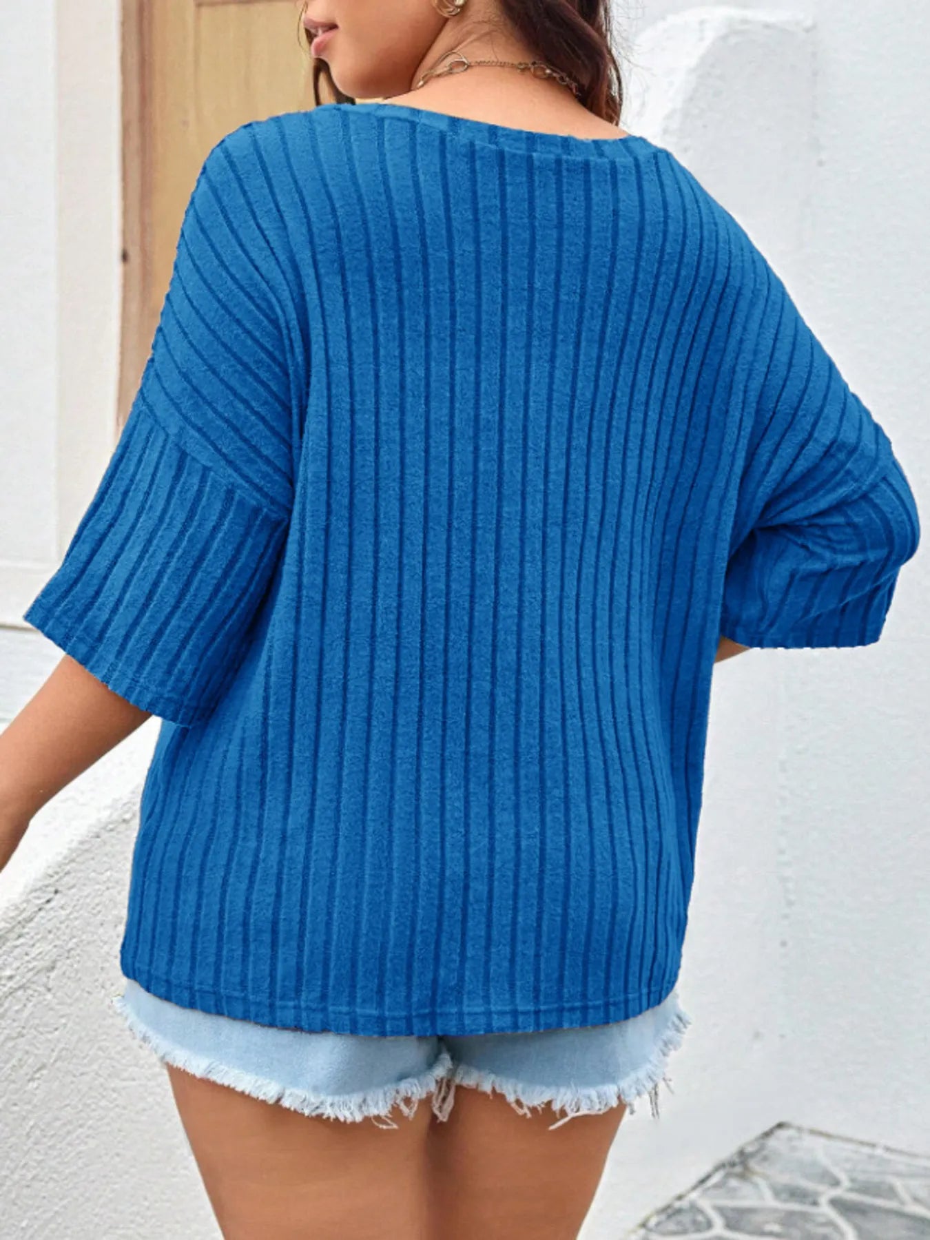 Plus Size V-Neck Ribbed Knit T-Shirt - Blushé Belle
