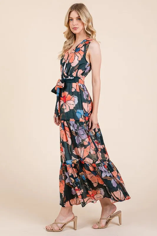 Lime 'N' Chili Floral Print Sleeveless Tie Waist Maxi Dress - Blushé Belle