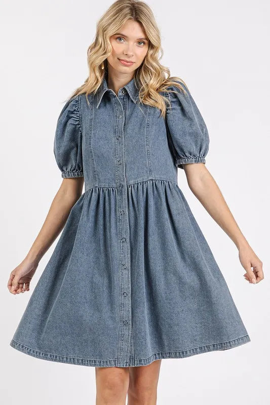 Mittoshop Button Down Puff Sleeve Denim Dress - Blushé Belle