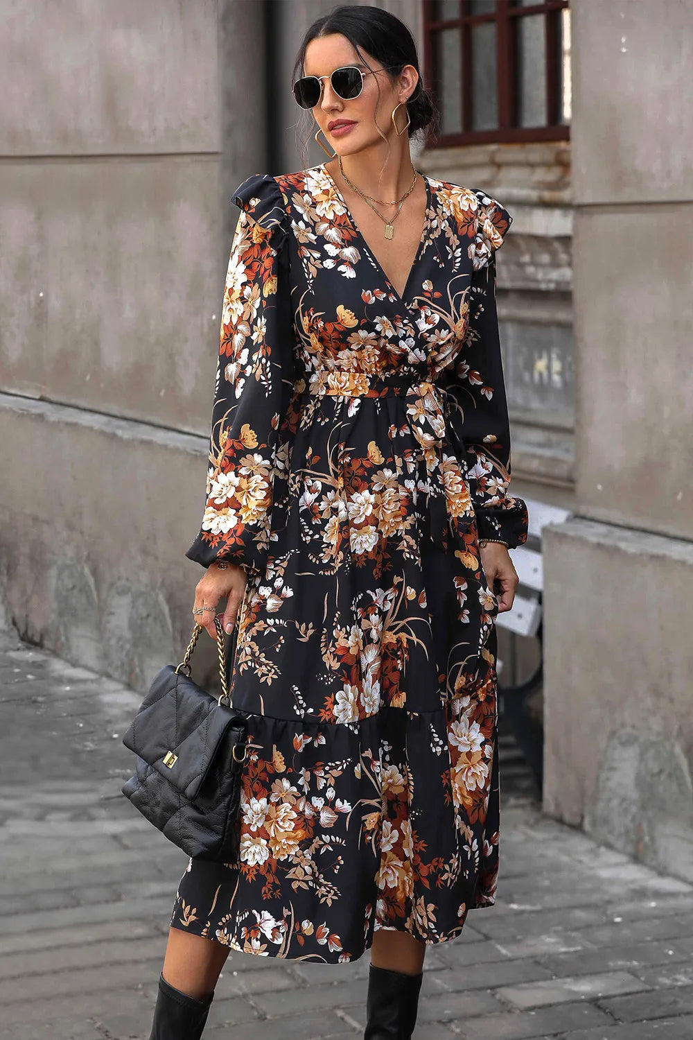 Perfee Floral Surplice Tie Front Ruffle Hem Midi Dress - Blushé Belle