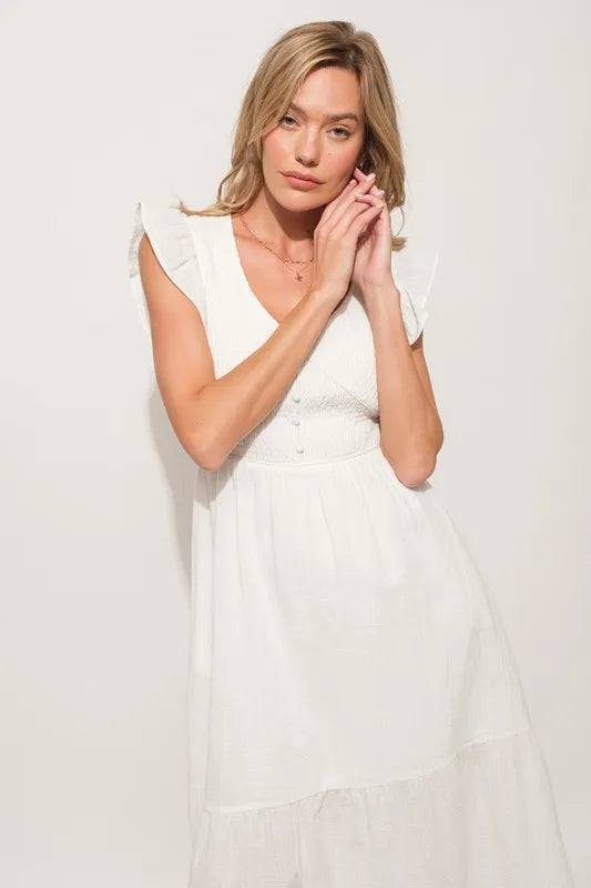 And The Why Ruffle Sleeve Front Smocked Tiered Midi Dress - Blushé Belle